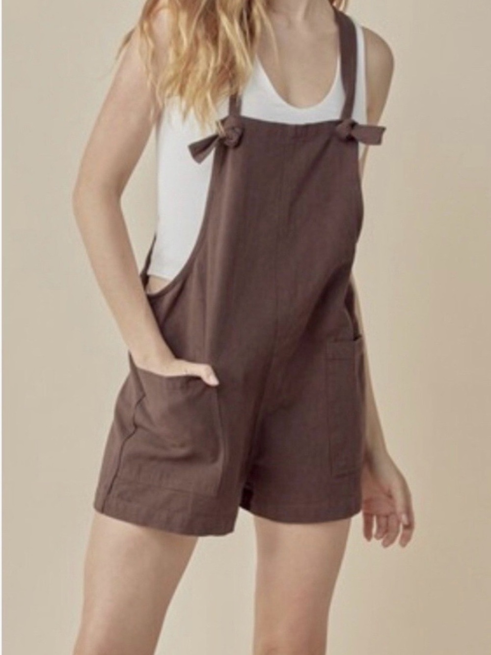 Zenana Ready Or Knot Woven Brown Overall Romper Shorts- Sz Small or Medium- NWT